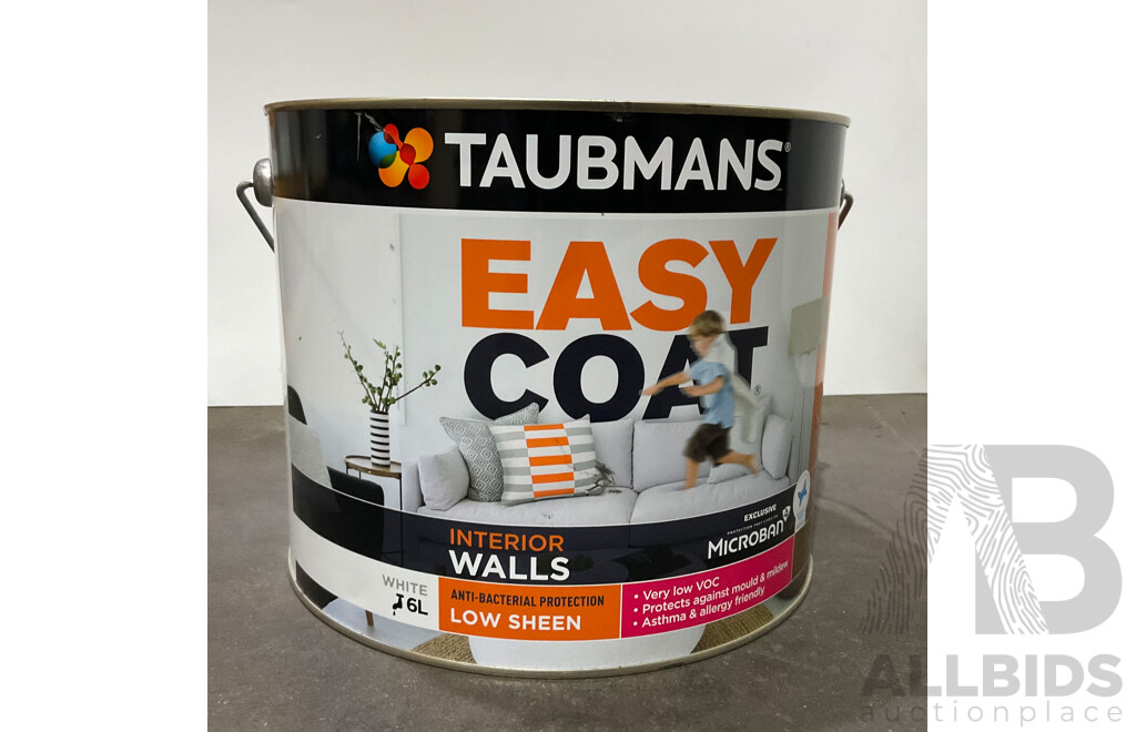 TAUBMANS Lot of 6 Easy Coat Low Sheen White Interior Walls Paint 6L - Estimated Total ORP $517.00