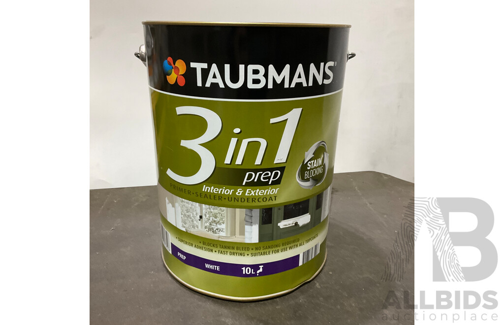 TAUBMANS Lot of 7 Easy Coat 3in1Prep White for Interior & Exterior Paint 10L - Estimated Total ORP $1,372.00