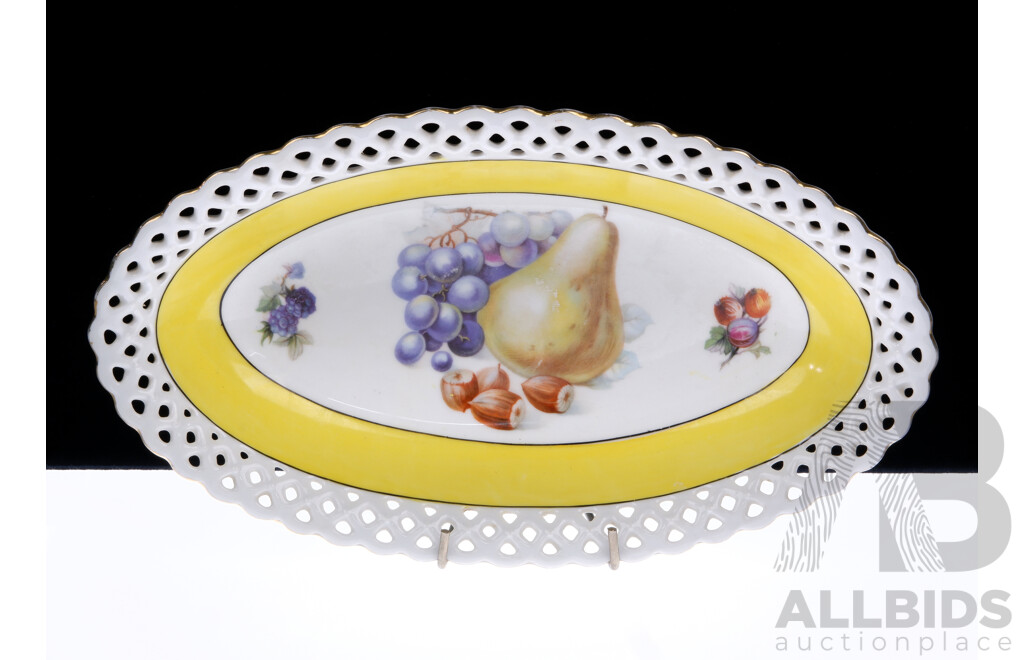 Vintage German Azberg Porcelain Dish with Pierced Rim and Fruit Motif to Interior