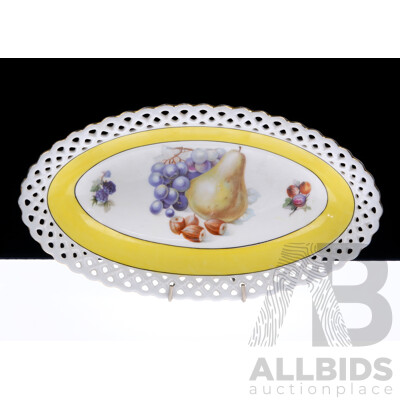 Vintage German Azberg Porcelain Dish with Pierced Rim and Fruit Motif to Interior