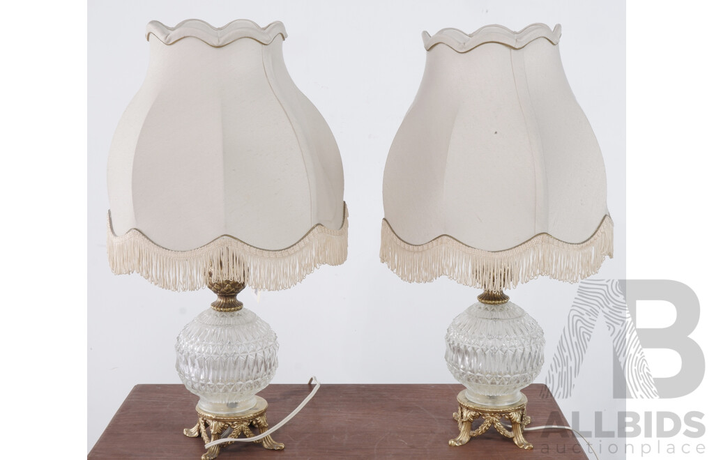 Vintage Pair of Brass and Crystal Table Lamps