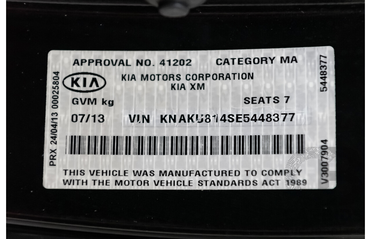 7/2013 Kia Sorento Si (4x4) XM MY13 4d Wagon Black Turbo Diesel 2.2L - 7 Seater