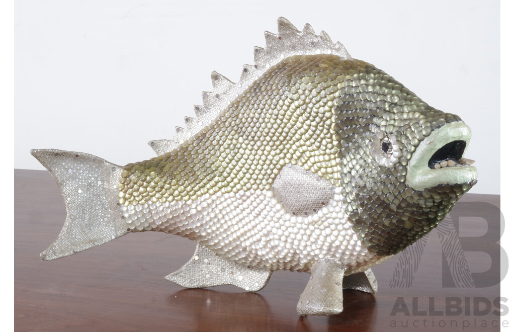 Large Vintage Decorative Fish with Green Glittering Scales