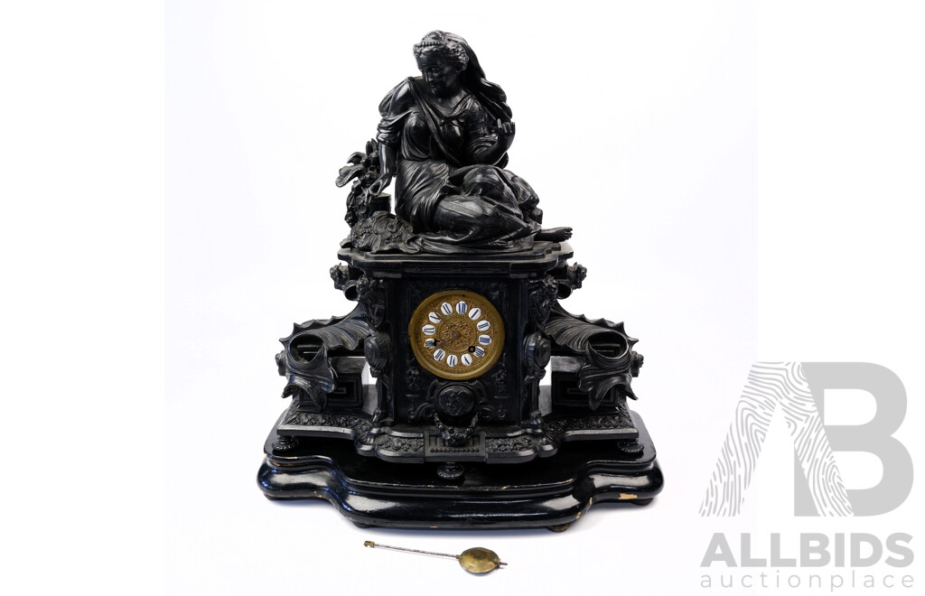 Antique Spelter Mantle Clock of a Seated Woman with Japy Freres Movement