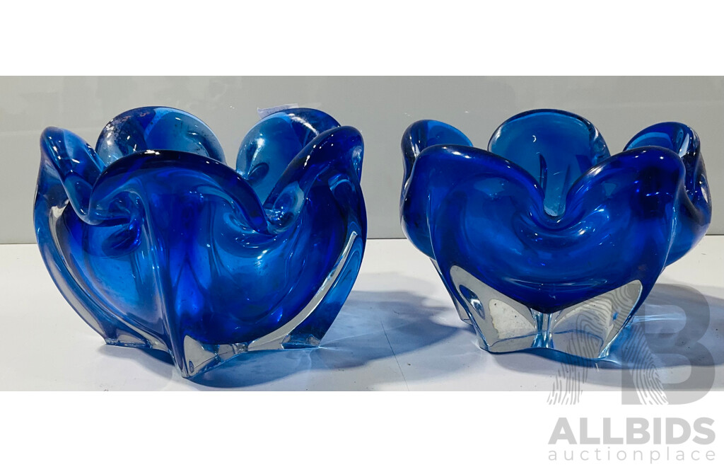 Pair Retro Murano Style Blue Glass Dishes with Star Form Base