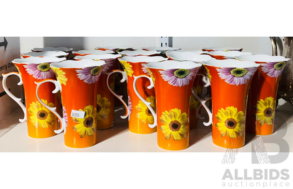 Seventeen Tall Fluted Coffee Cups with Flower Motif