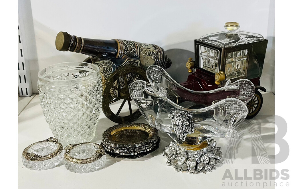 Collection of Decorative Homewares Including Ford Bottle Holder with Two Glasses, Old Ceramic Brandy Wagon and More