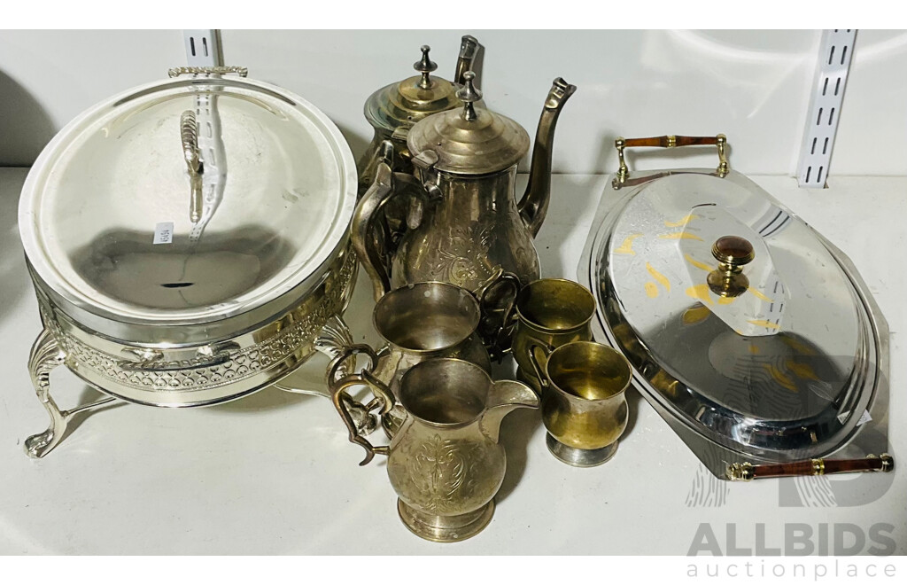 Collection of Silver Plated and Other Coffee and Tea Pot, Alongside a Creamer and Sugar Bowl, Pair of Food Warmers and More