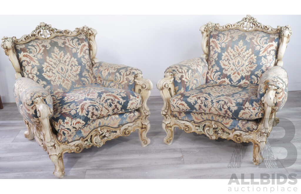 Vintage Pair Italianate Wing Back Armchairs and 6 Seater Lounge