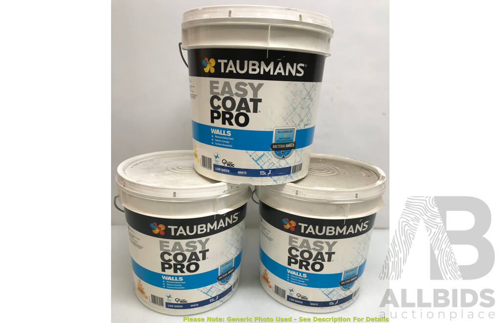 TAUBMANS Easy Coat Pro Low Sheen White for Walls 15L - Lot of 3 - Total ORP $570.00