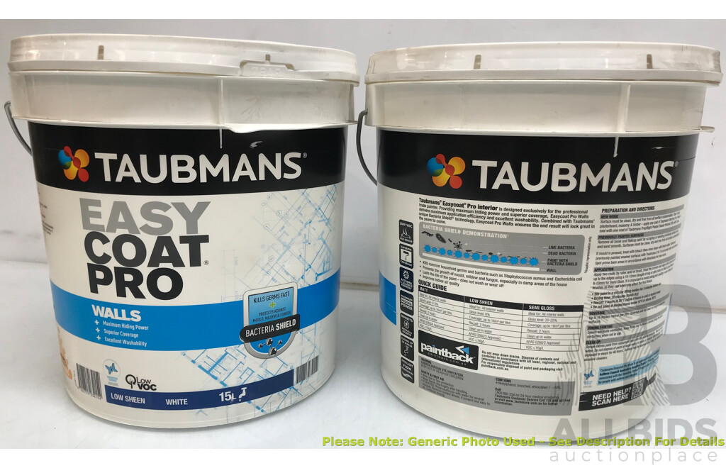 TAUBMANS Easy Coat Pro Low Sheen White for Walls 15L - Lot of 3 - Total ORP $570.00