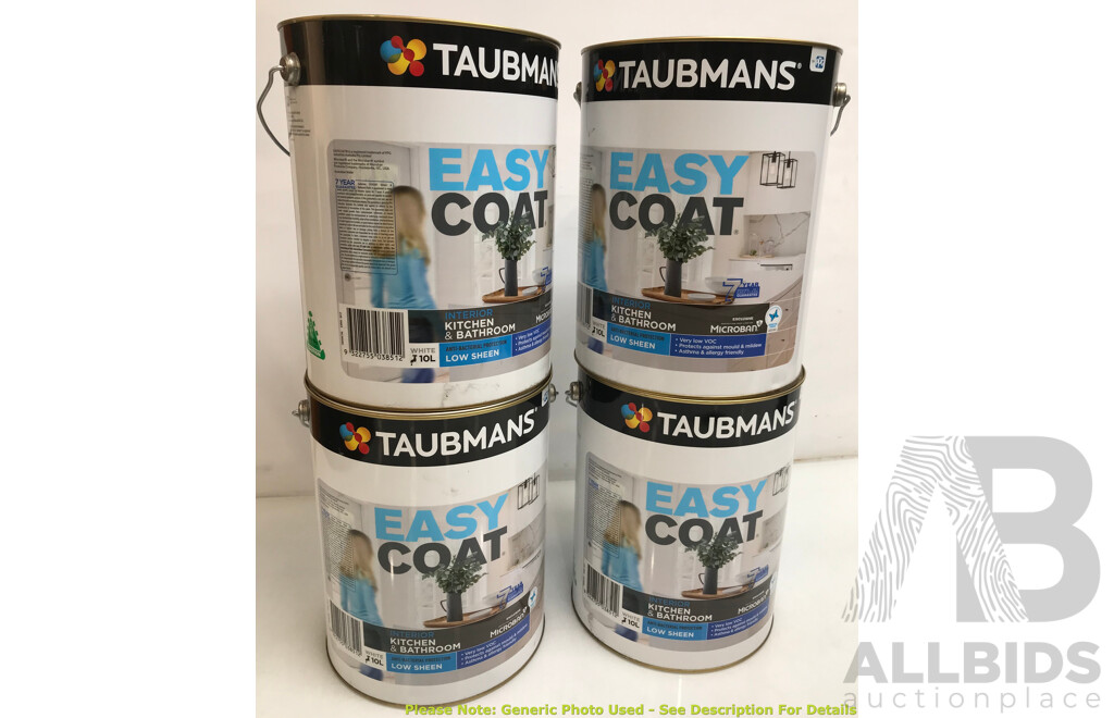 TAUBMANS Easy Coat Low Sheen White for Kitchen & Bathoom 10L - Lot of 4 - Total ORP $640.00