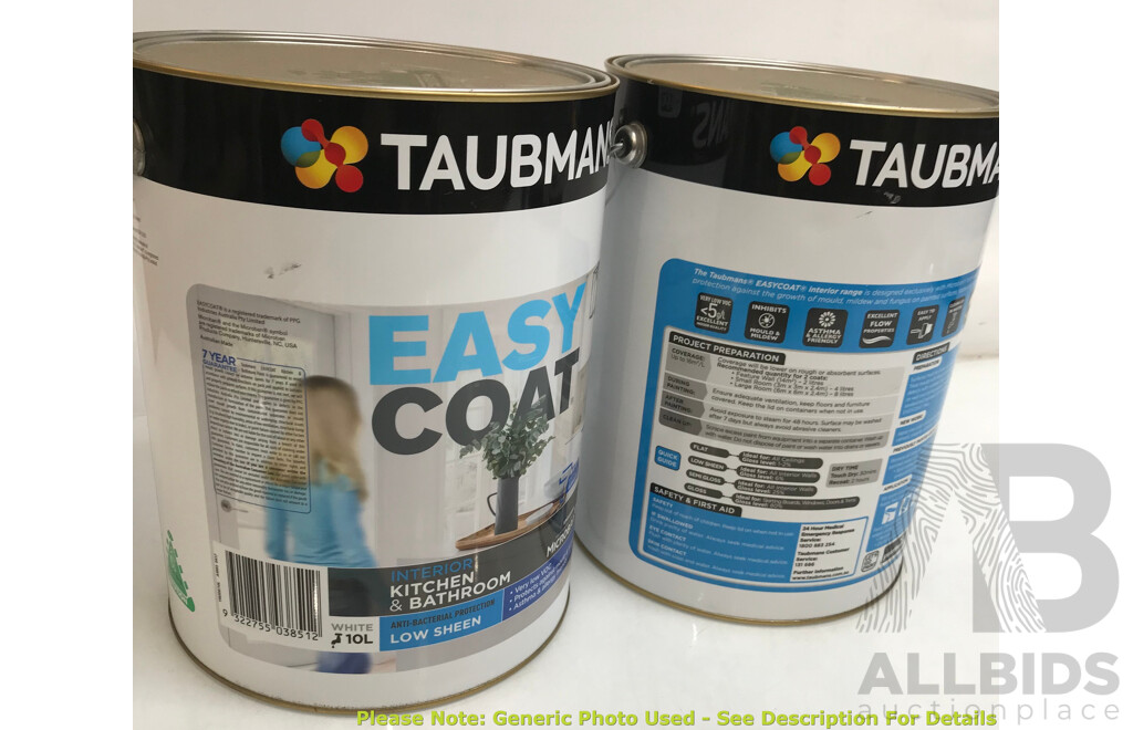 TAUBMANS Easy Coat Low Sheen White for Kitchen & Bathoom 10L - Lot of 4 - Total ORP $640.00