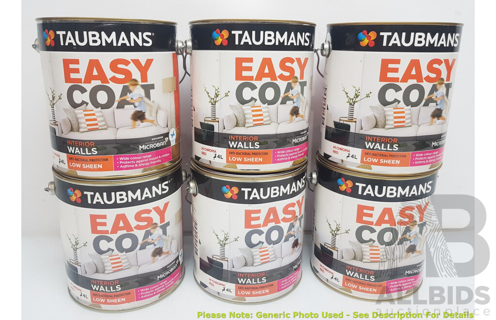 TAUBMANS Easy Coat Low Sheen Red for Interior Walls 4L - Lot of 6 - Total ORP $810.00