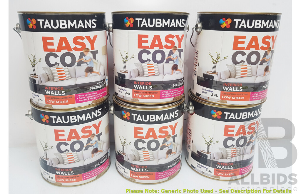 TAUBMANS Easy Coat Low Sheen Blue for Interior Walls 4L - Lot of 6 - Total ORP $810.00