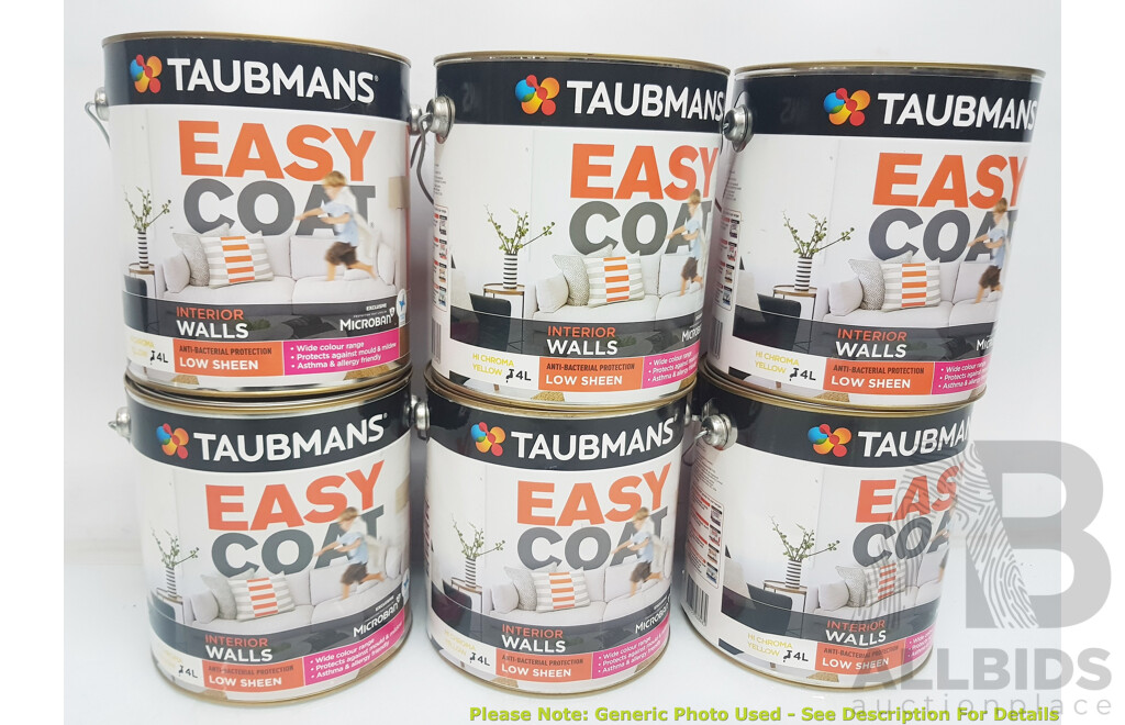 TAUBMANS Easy Coat Low Sheen Yellow for Interior Walls 4L - Lot of 6 - Total ORP $810.00