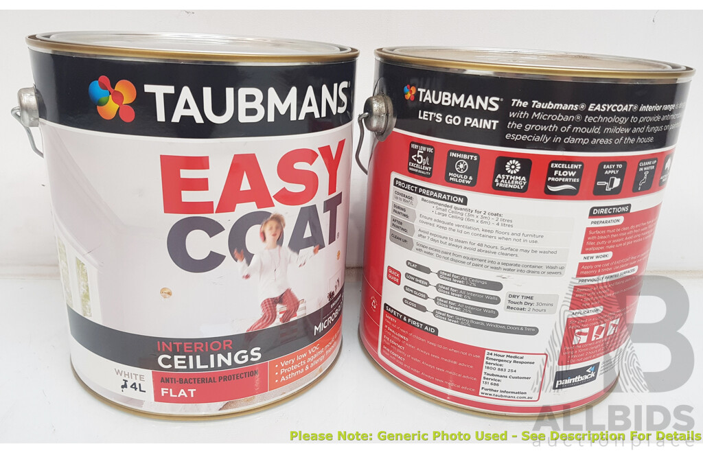 TAUBMANS Easy Coat Flat White for Interior Ceilings 4L - Lot of 6 - Total ORP $810.00