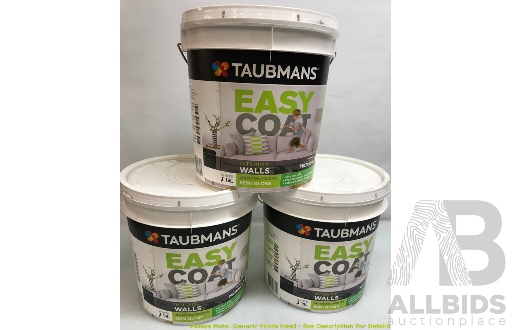 TAUBMANS Easy Coat Semi Gloss White for Interior Walls 15L - Lot of 3 - Total ORP $570.00