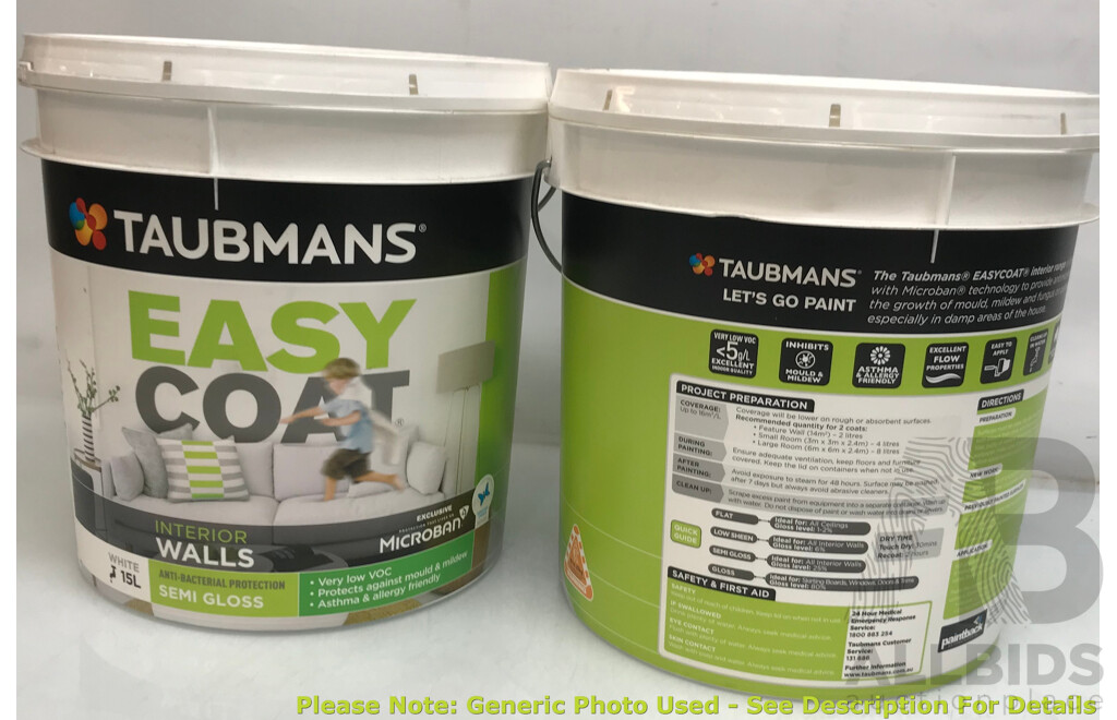 TAUBMANS Easy Coat Semi Gloss White for Interior Walls 15L - Lot of 3 - Total ORP $570.00