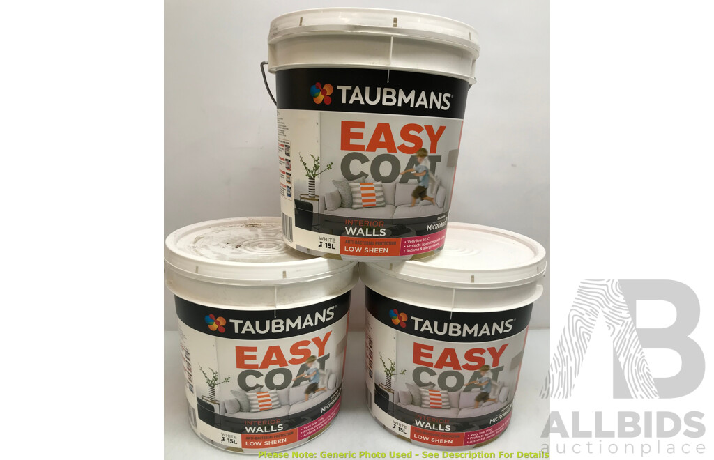 TAUBMANS Easy Coat Low Sheen White for Interior Walls 15L - Lot of 3 - Total ORP $570.00