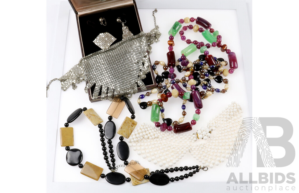 All Silver Glomesh Necklet & Earrings Set & Collection of (4) Vintage Acrylic and Glass Beads