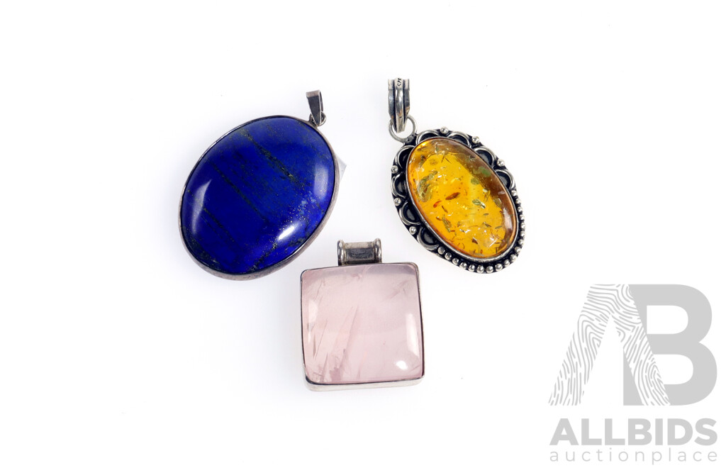 Vintage Sterling Silver (3) Pendants with Gem Stones, Lapis Azure, Amber and Rose Quartz