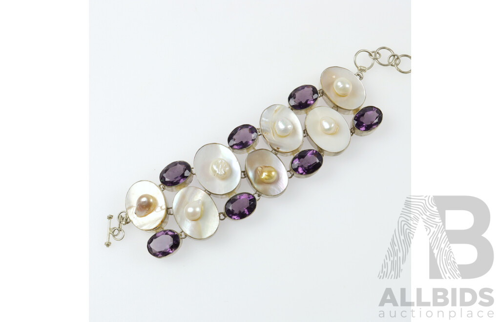 Vintage Silver Purple Faux Stone and Mother of Pearl with Freshwater Cultured Pearl Bracelet, 45mm Wide, Fits Up to 23cm Wrist