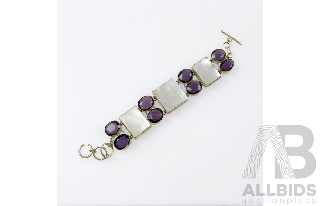 Silver Mother of Pearl & Purple Faux Stone Bracelet, 25mm Wide, Fits Wrist Up to 21cm