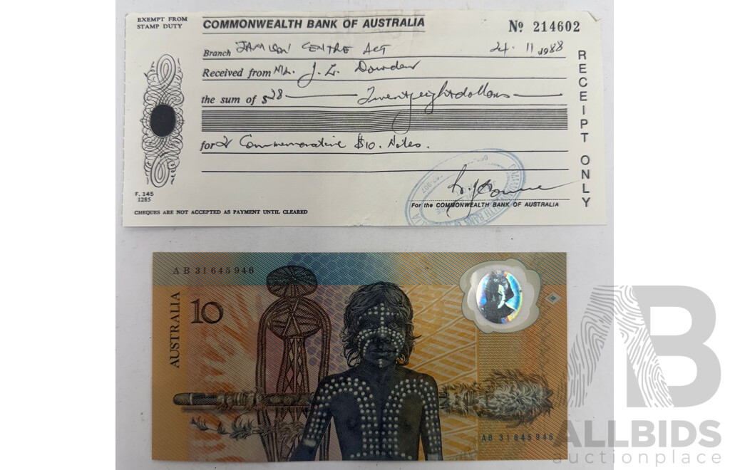 Jan 26, 1988 Commemorative $10 Note with Commonwealth Bank Receipt