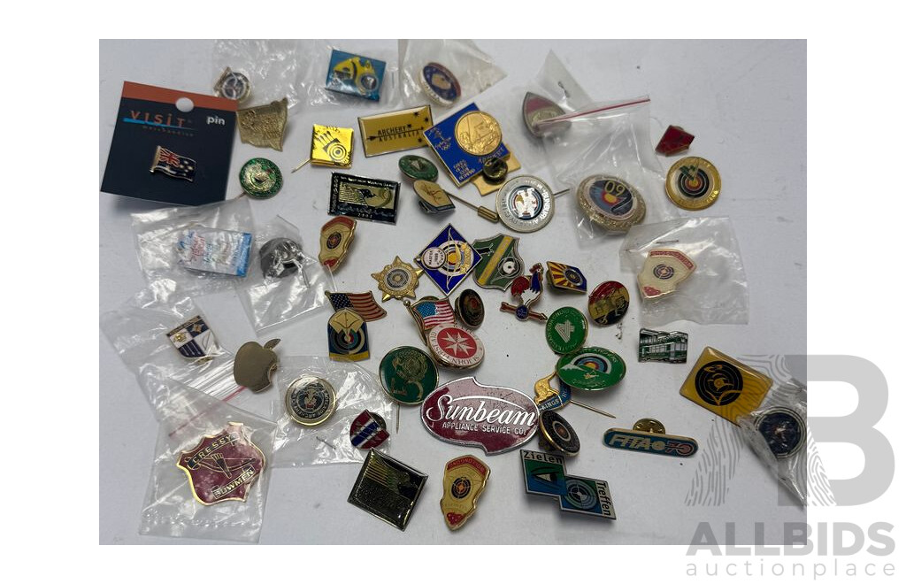 Assortment of Pins, Badges, Aus Pennies, Magnifying Glasses, Micrometer and Scanner