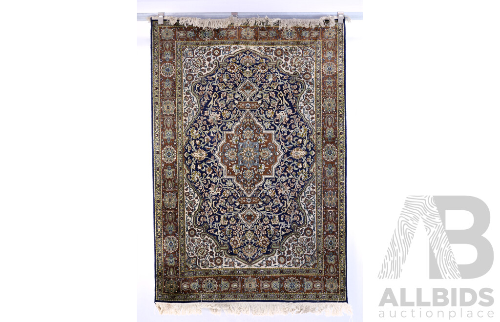 Fine Hand Knotted Persian Qum Silk & Wool Rug with Book Cover Design