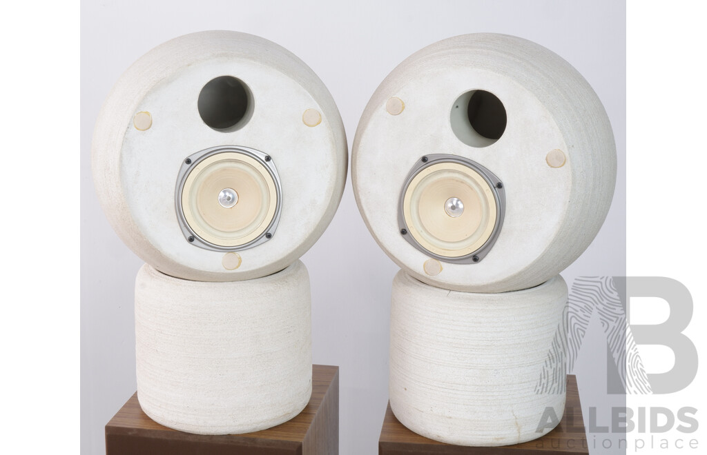 Rare Pair of Micheal Brown Designer Hand Made Concrete Audio Spheres Speakers on Stands