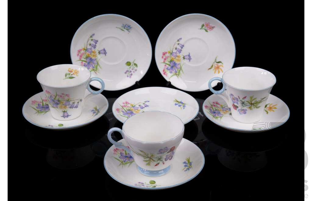 Nine Pieces Vintage Shelly Porcelain in Wildflowers Pattern