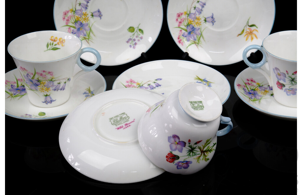 Nine Pieces Vintage Shelly Porcelain in Wildflowers Pattern