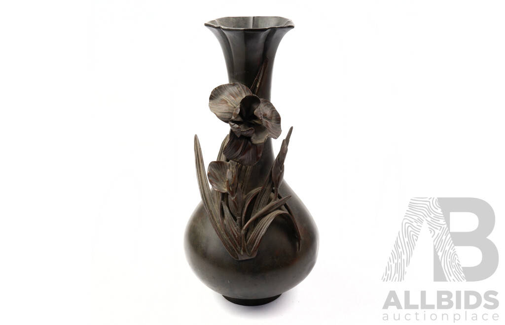Vintage Japanes Bronze Vase with Iris to Front