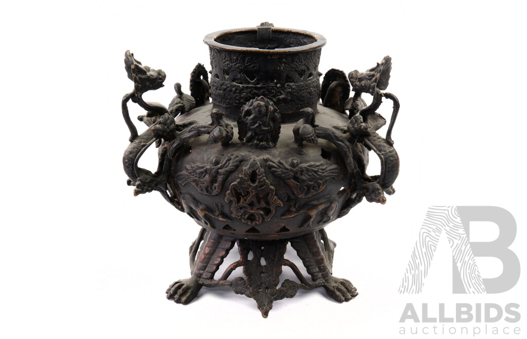 Vintage Asian Bronze Three Footed Censer with Three Dragons Decoration