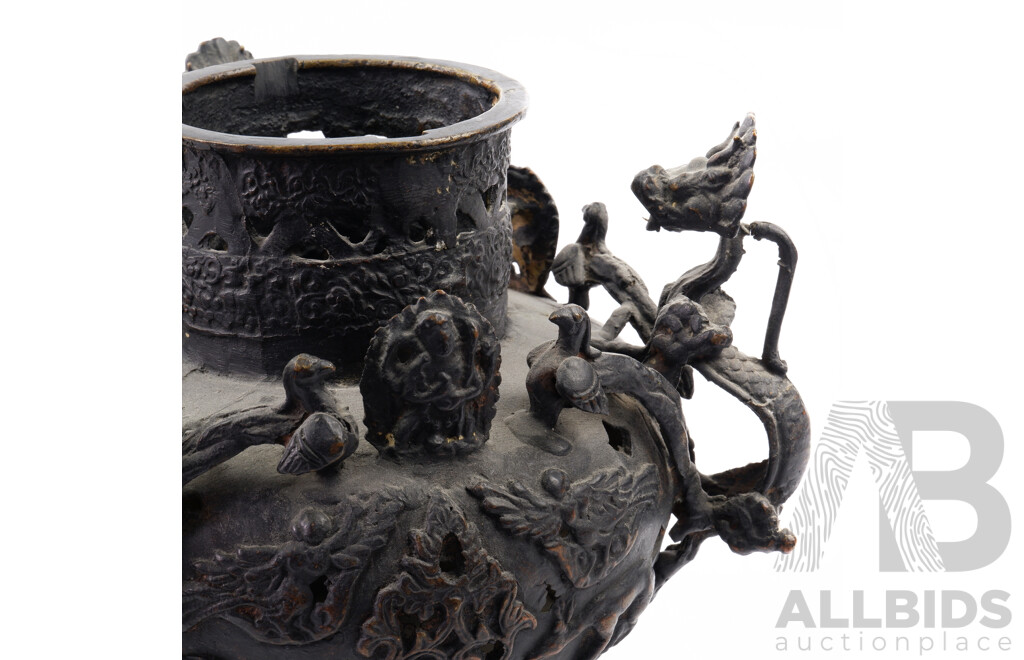 Vintage Asian Bronze Three Footed Censer with Three Dragons Decoration