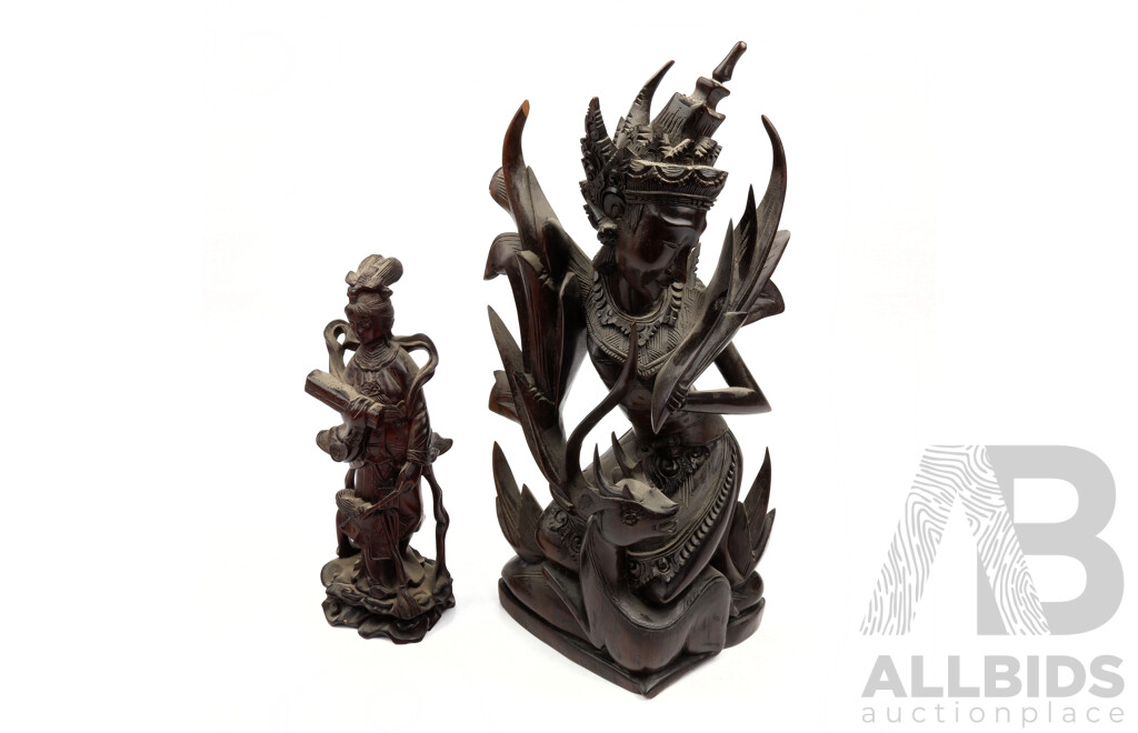 Hand Carved Asian Macasser Ebony Statue of Rama and Rohit Along with Chinese Carved Wooden Quan Yi Figure