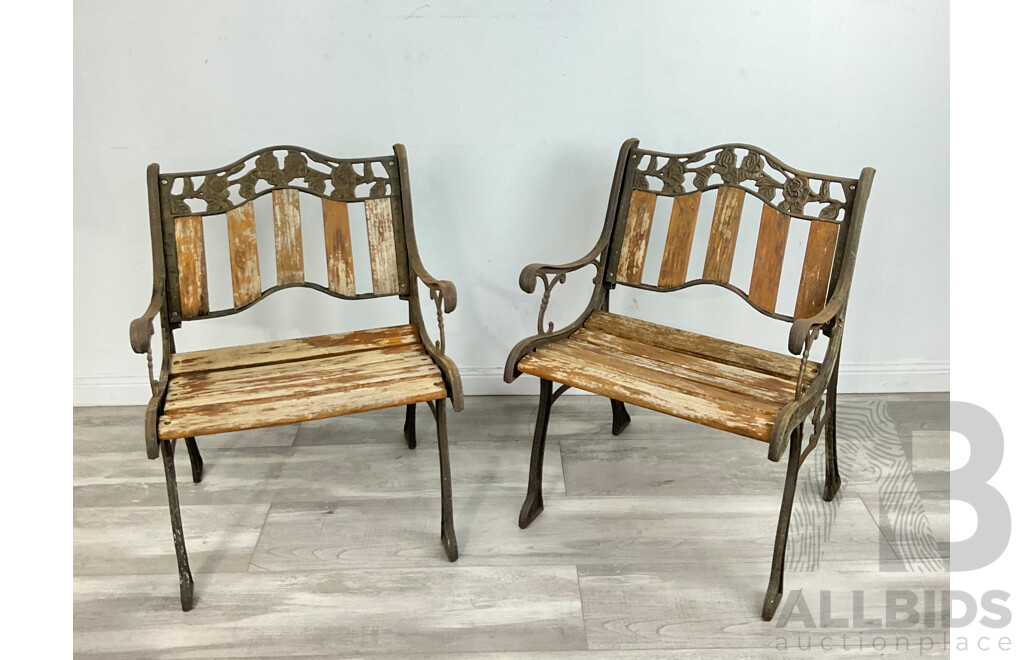 Pair of Cast Iron Garden Chairs with Slat Seat and Back