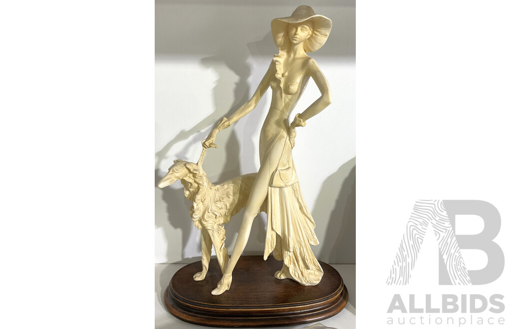 Art Deco Style Resin Statue of Woman with Seluki on Wooden Base