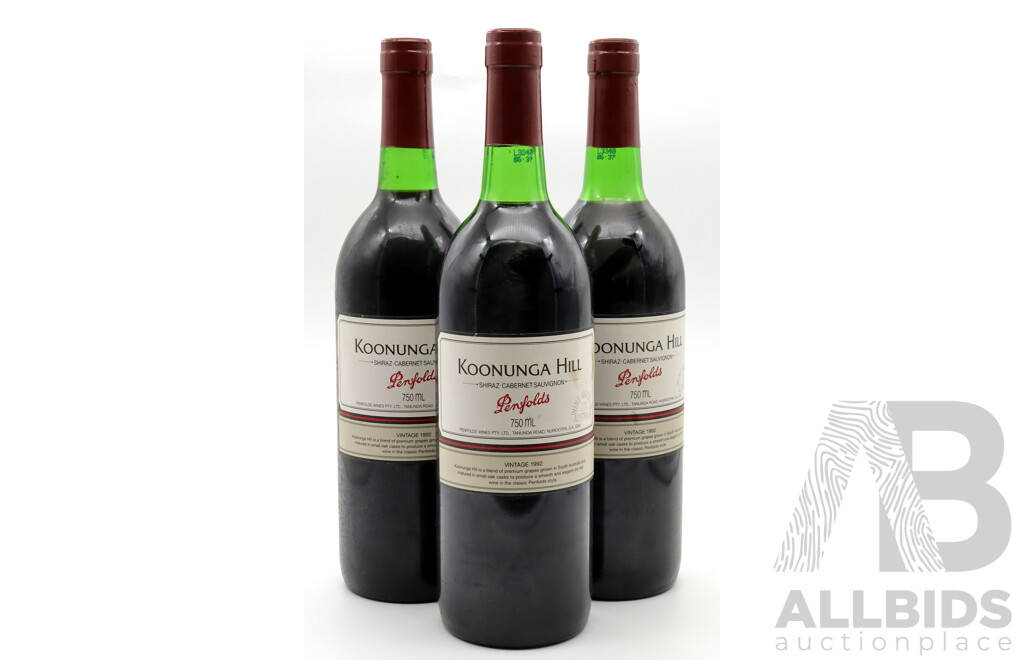 Penfolds Koonunga Hill Shiraz Cabernet Vintage 1992 X 3