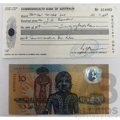 Jan 26, 1988 Commemorative $10 Note with Commonwealth Bank Receipt