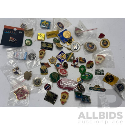 Assortment of Pins, Badges, Aus Pennies, Magnifying Glasses, Micrometer and Scanner