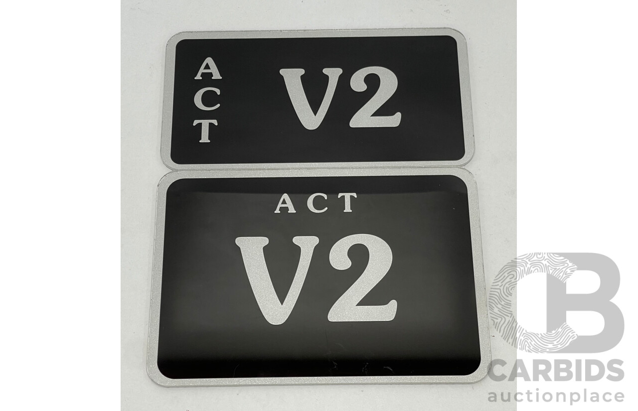 ACT Two Character Alpha Numeric Number Plate - V2 (Letter V, Number 2)