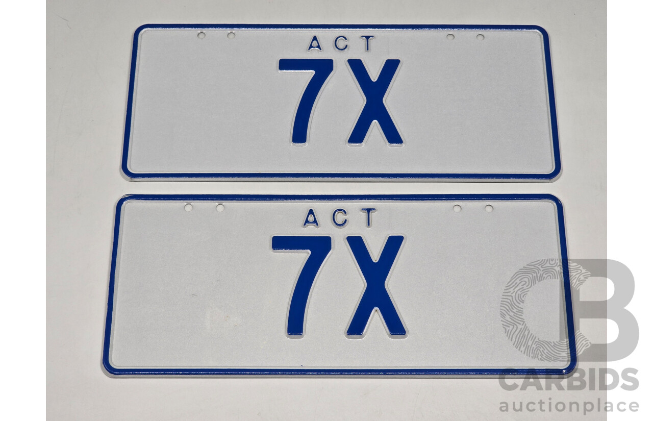 ACT Two Character Alpha Numeric Number Plate - 7X  (Number 7, Letter X)