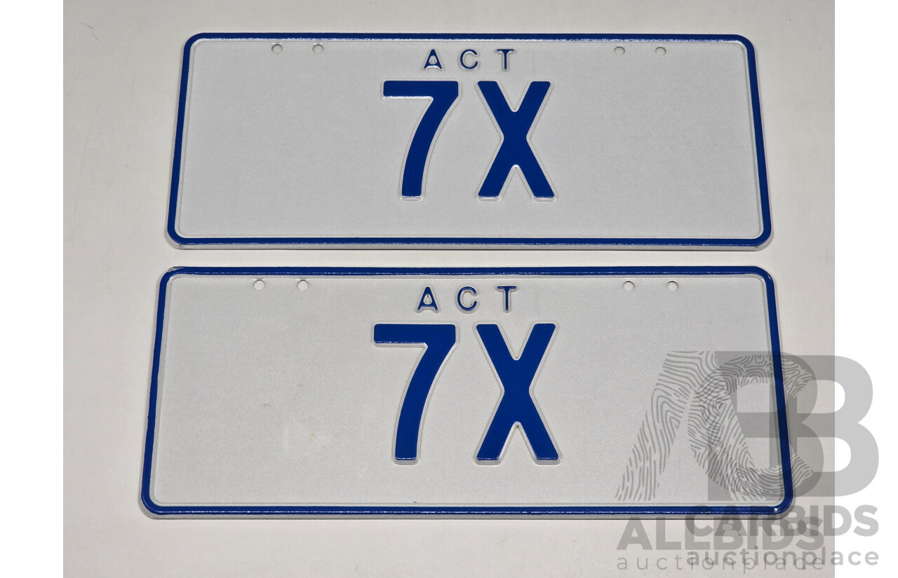 ACT Two Character Alpha Numeric Number Plate - 7X  (Number 7, Letter X)