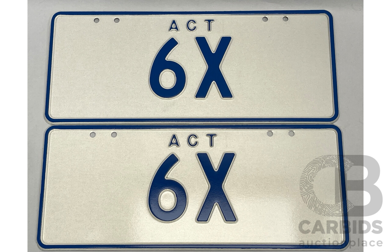 ACT Two Character Alpha Numeric Number Plate - 6X  (Number 6, Letter X)