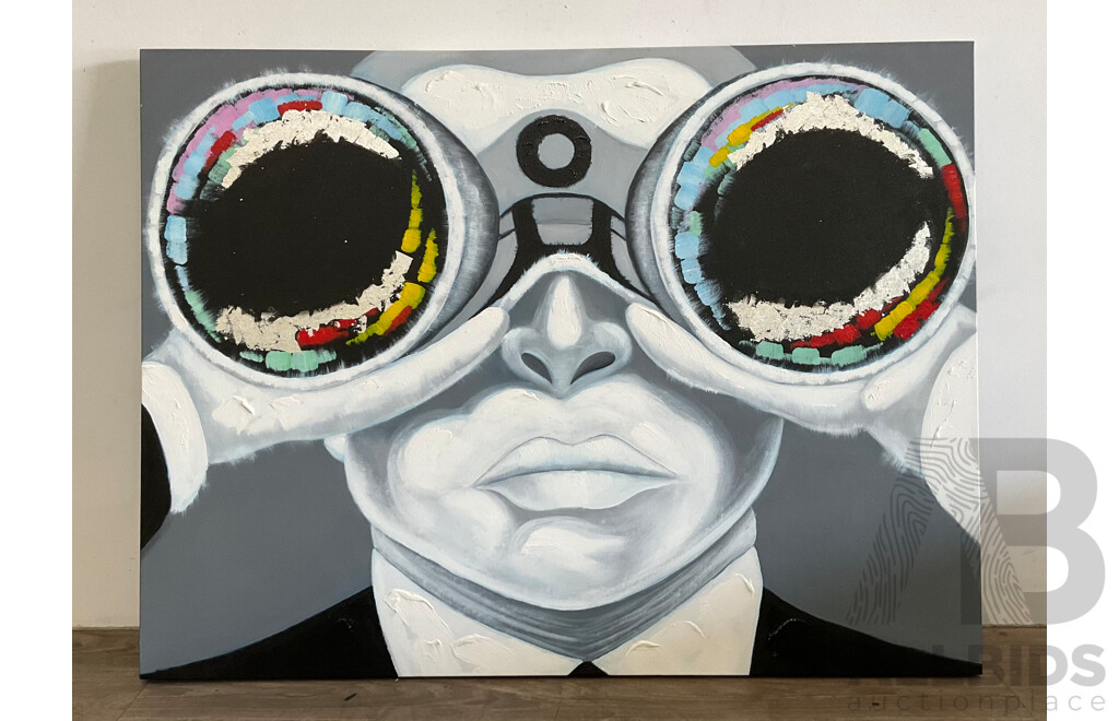 Large Mixed Media Painting of Man with Binoculars, Acrylic on Canvas