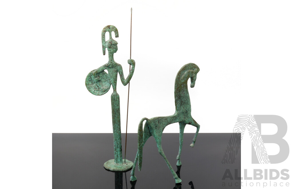 Reproduction Bronze Ancient Greek Figure of Athena and Another Reproduction Bronze Ancient Greek Horse Figure