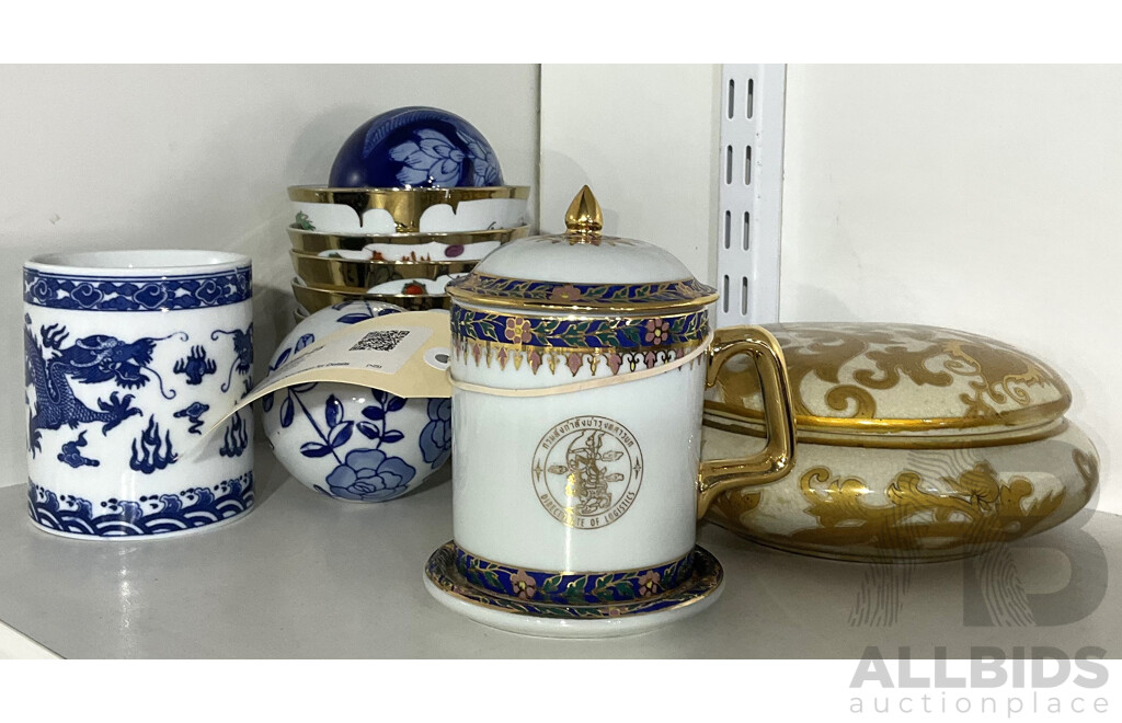 Collection Contemporary Asian Porcelain Including Four Blue and White Decorated Balls, Set Six Chinese Bowls with Dragon Decoration and More